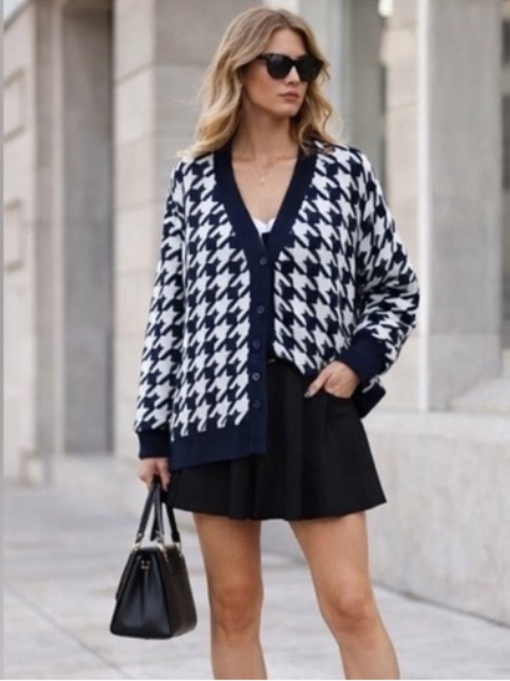 NA-KD Houndstooth Cardigan Blue White Preppy Chic Button Front Size S